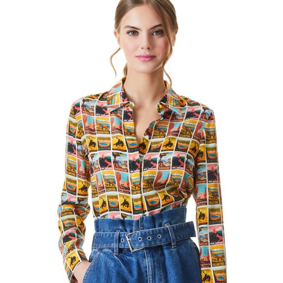 Alice + Olivia Tops - Alice + Olivia | Western Postcard Willa Placket Silk Print Blouse